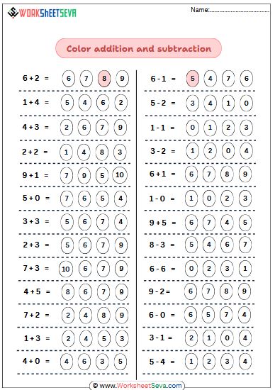 Color Addition And Subtraction Worksheet