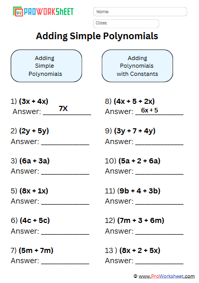 Adding Simple Polynomials Worksheet