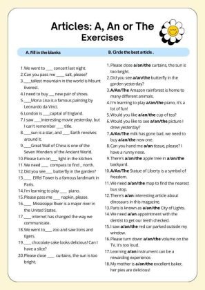 Articles Grammar Practice Worksheet Black and White Cute Simple Style