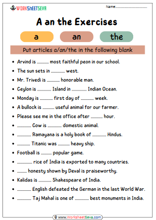 A an the Exercises for Class 3 worksheet