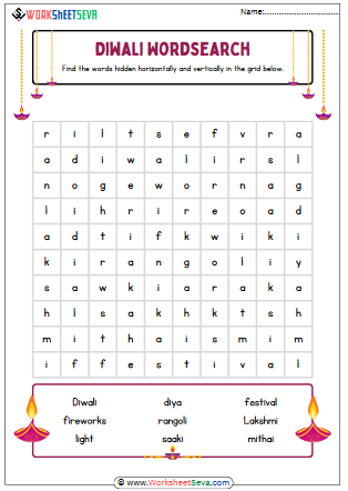 Diwali Word Search Puzzle for Kids workshet