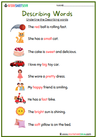 Underline the Describing words for Class 1 worksheet