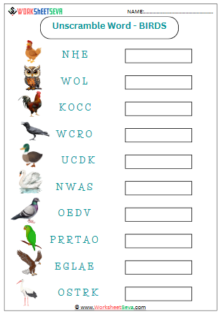 Unscramble Words - Birds For UKG worksheet