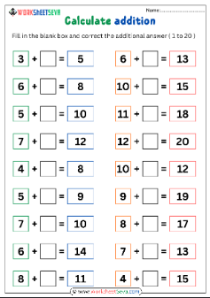 Addition Exercise 1 to 20 for Kindergarten worksheet