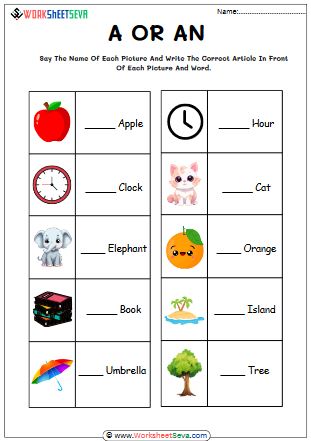 Indefinite articles a or an worksheet