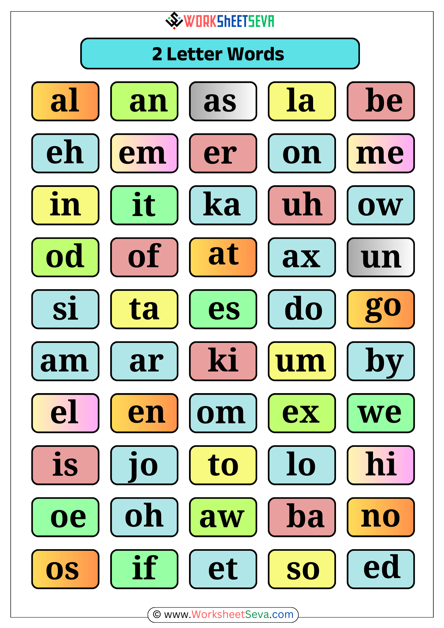 2 Letter Words worksheet chart