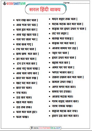 Hindi Saral Vakya for Class 1 Worksheet