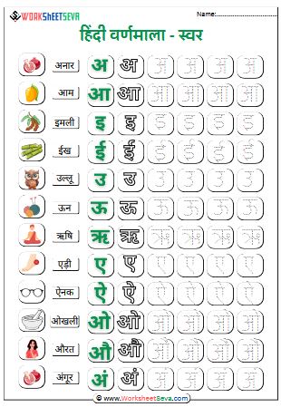 Hindi Swar Tracing for Nursery worksheet