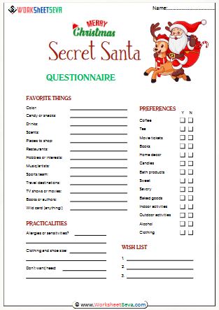 Secret Santa Christmas Questionnaire worksheet pdf