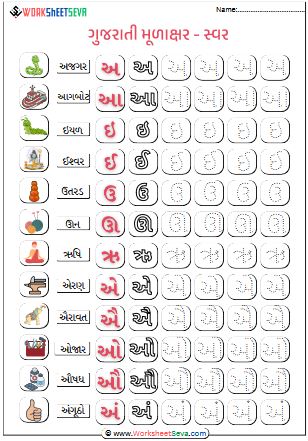 Gujarati Mulakshar Swar Tracing activity pdf