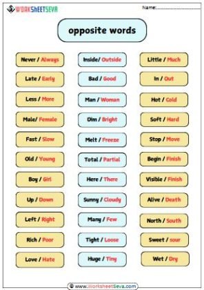 Opposite Words Chart Grade 4 worksheet
