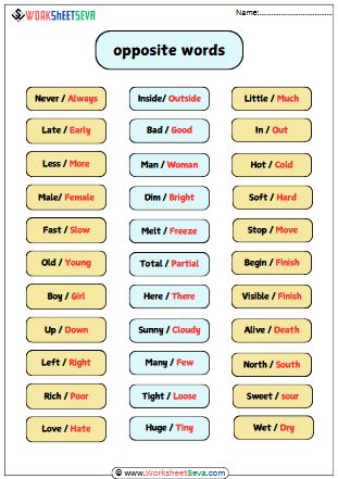 Opposite Words Chart Grade 4 worksheet