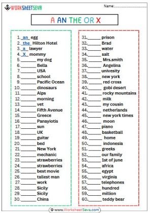 A an the or X Exercise worksheet pdf