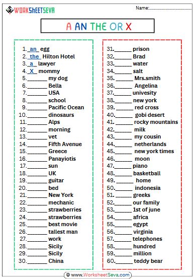 A an the or X Exercise worksheet pdf