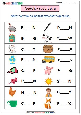 Fill in the Blanks Vowels a e i o u worksheet