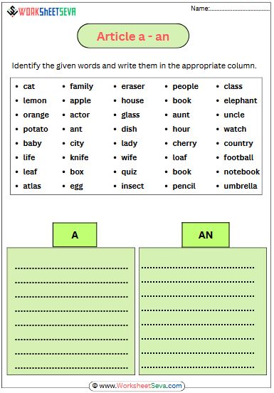 Identify A or An Article Grade 3 worksheet