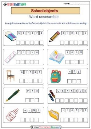 School Objects Word unscramble worksheet