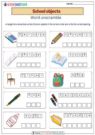 School Objects Word unscramble worksheet