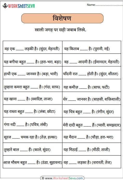 विशेषण In Hindi Worksheet