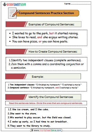 Compound Sentences for Middle school worksheet