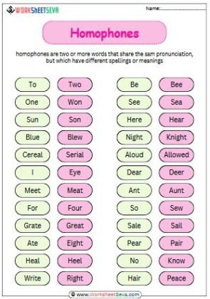 homophones words List worksheet