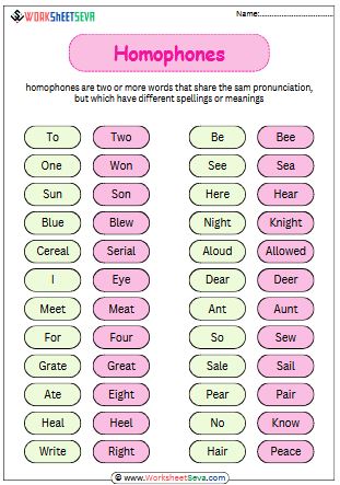 homophones words List worksheet