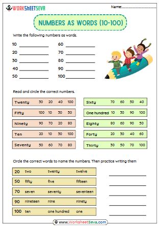 Numbers as Words 1 to 100 activity worksheet