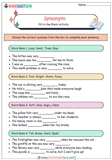 Synonym fill in the blanks Grade 3 worksheet