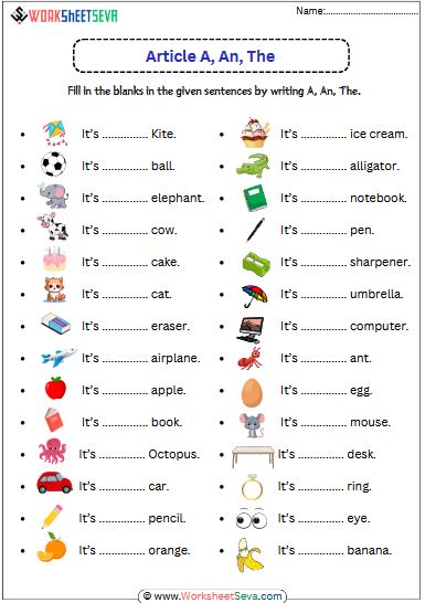 Use of Articles for Class 4 activity