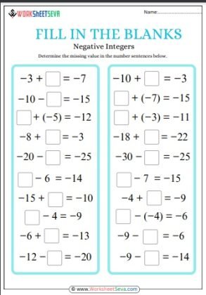 negative integers fill in the blanks worksheet pdf