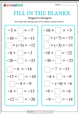 negative integers fill in the blanks worksheet pdf