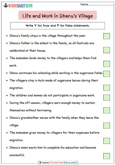 Life and Work in Dhanu’s Village worksheet pdf