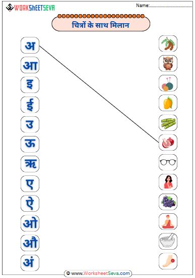 Matching hindi Swar with pictures worksheet