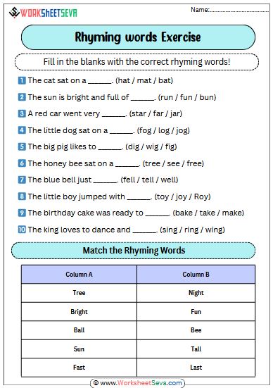 Rhyming words Exercise Grade 3 worksheet