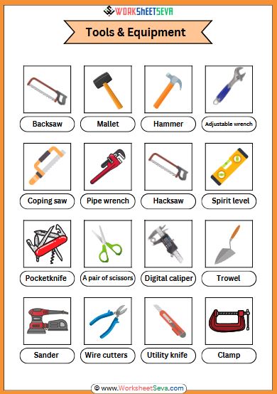 Tools and Equipment with pictures chart printable