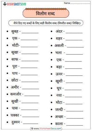 Vilom Shabd for Class 2 worksheet