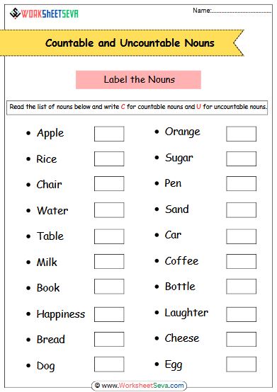 Countable and Uncountable Nouns worksheet pdf