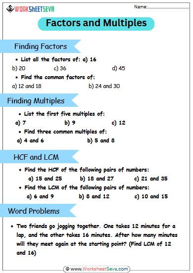 Factors and Multiples For class 4 worksheet