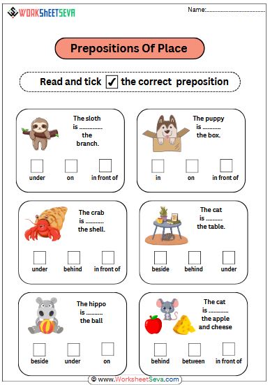 Prepositions of Place For Class 3 worksheet