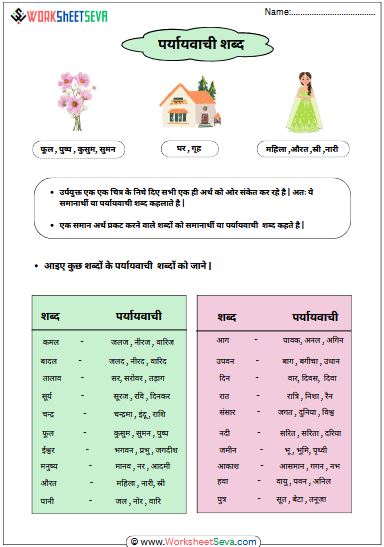 पर्यायवाची शब्द हिंदी में worksheet