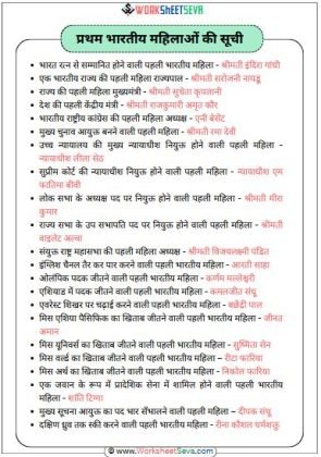 प्रथम भारतीय महिलाओं की सूची chart pdf