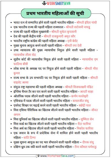 प्रथम भारतीय महिलाओं की सूची chart pdf