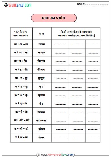 मात्रा का प्रयोग worksheet