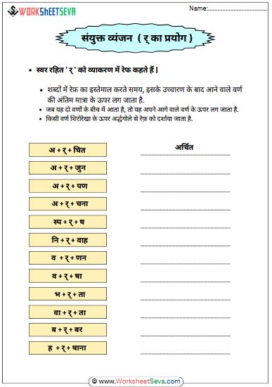 संयुक्त व्यंजन र् का प्रयोग worksheet