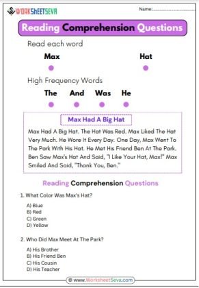 Reading Comprehension Questions For Kindergarten Worksheet