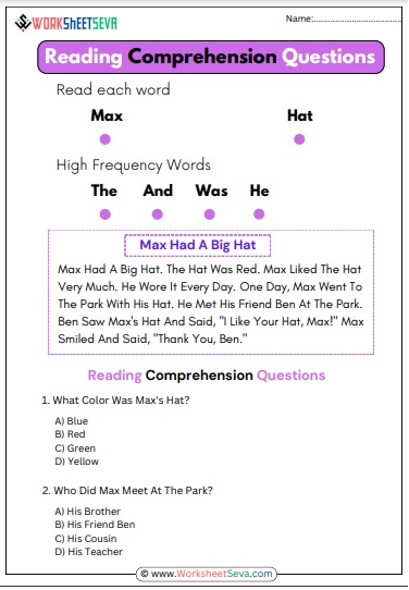 Reading Comprehension Questions For Kindergarten Worksheet