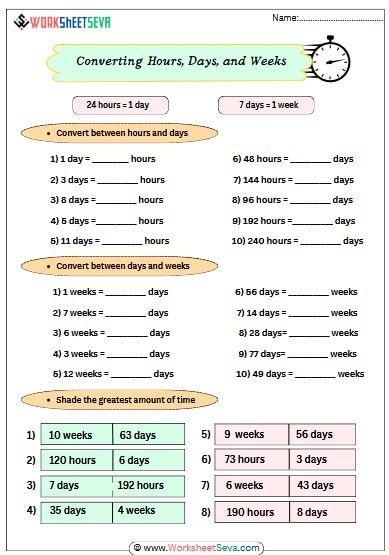 Converting Hours Days and Weeks worksheet