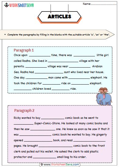 Fill in the Blanks with Article worksheet