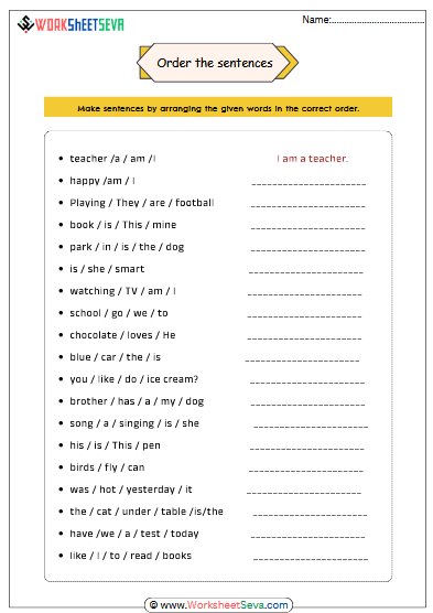 Order The Sentences Exercises class 4 worksheet