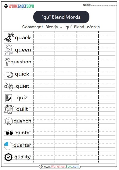 ‘qu’ Blend Words Worksheet pdf